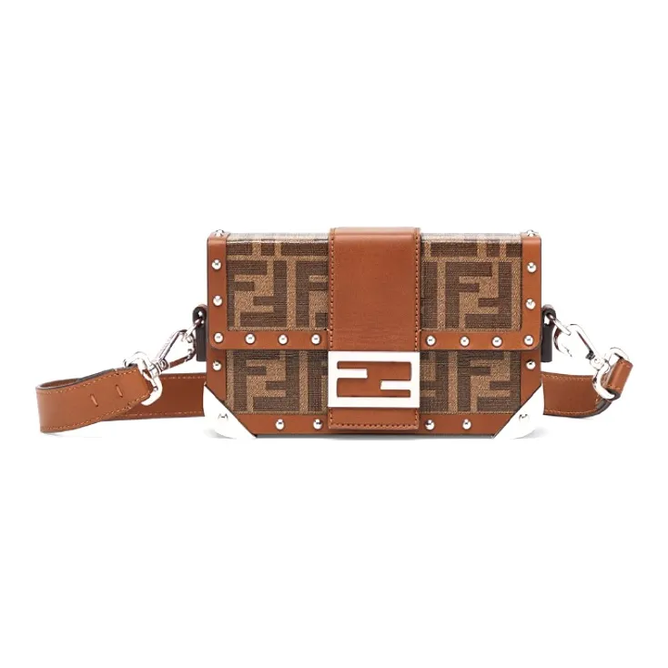 FENDI BaguetteTrunk Leather Box Bag Baguette Bag Shoulder Bag Crossbody Bag Mini Men's Brown
