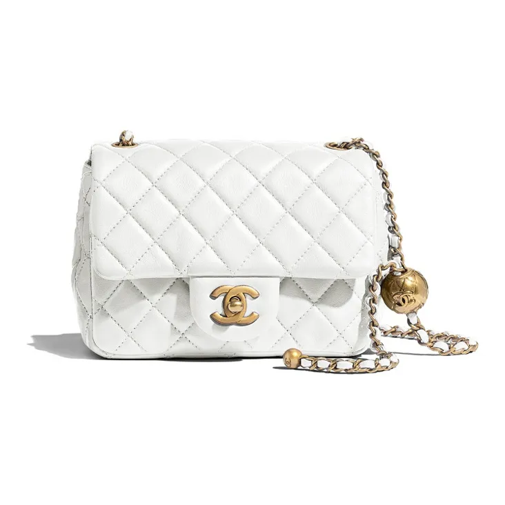 CHANEL Little Golden Ball Sheepskin Chain White