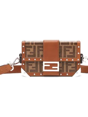FENDI BaguetteTrunk Leather Box Bag Baguette Bag Shoulder Bag Crossbody Bag Mini Men's Brown