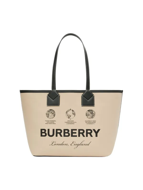 Product Burberry Label Print Cotton Medium London Tote Bag Beige Black Acrhive Beige Image